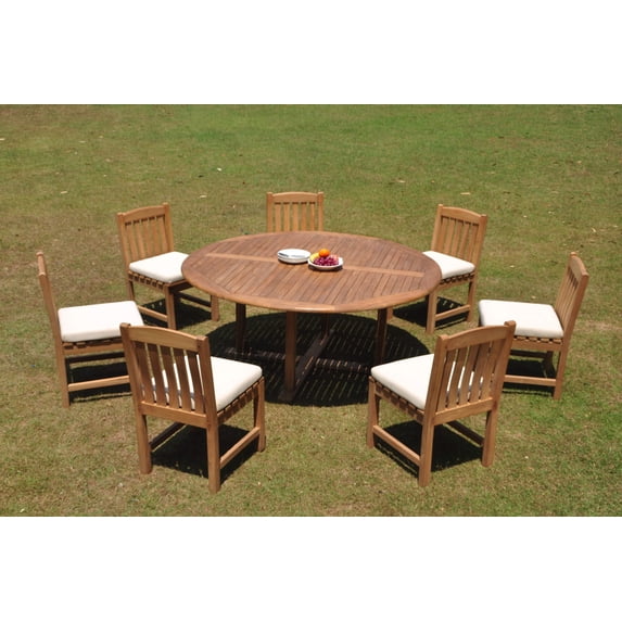 Grade-A Teak Dining Set: 7 Seater 8 Pc: 72" Round Table And 7 Devon Armless Chairs Outdoor Patio WholesaleTeak #WMDV71
