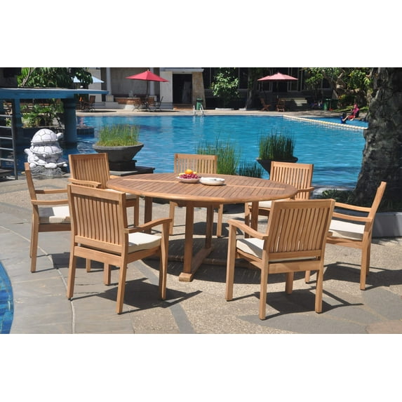Grade-A Teak Dining Set: 7 Seater 8 Pc: 72" Round Table And 7 Leveb Stacking Arm Chairs Outdoor Patio WholesaleTeak #WMDSWVm
