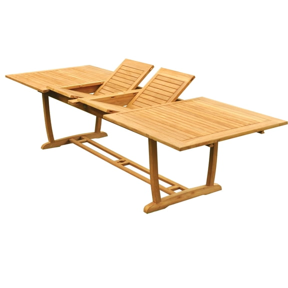 Grade-A Teak Dining Set: 8 Seater 9 Pc: 118" Double Extension Mas Rectangle Trestle Leg Table And 8 Vellore Stacking Arm Chairs WholesaleTeak #WMDSWVm