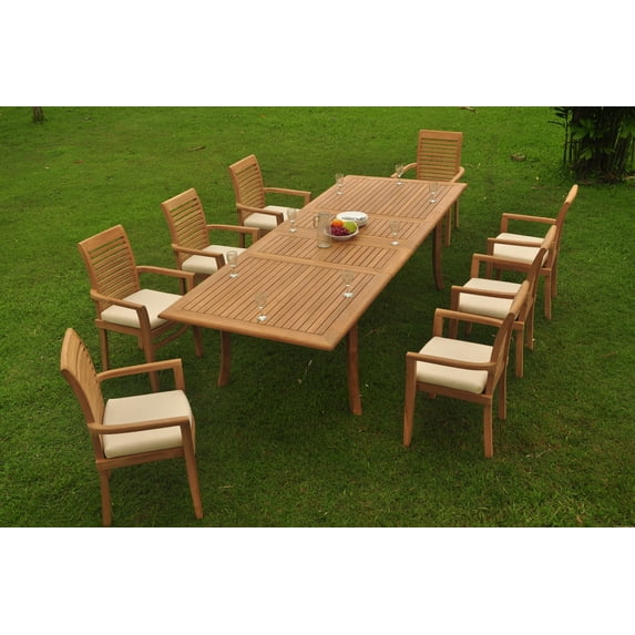 Grade-A Teak Dining Set: 8 Seater 9 Pc: 118" Double Extension Rectangle Table And 8 Mas Stacking Arm Chairs Outdoor Patio WholesaleTeak #WMDSMS33