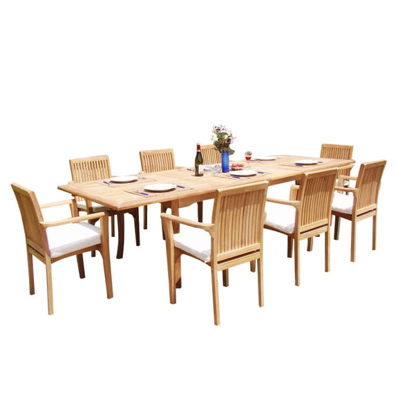 Grade-A Teak Dining Set: 8 Seater 9 Pc: 118" Rectangle Table And 8 Lua Stacking Arm Chairs Outdoor Patio WholesaleTeak #51LU2409
