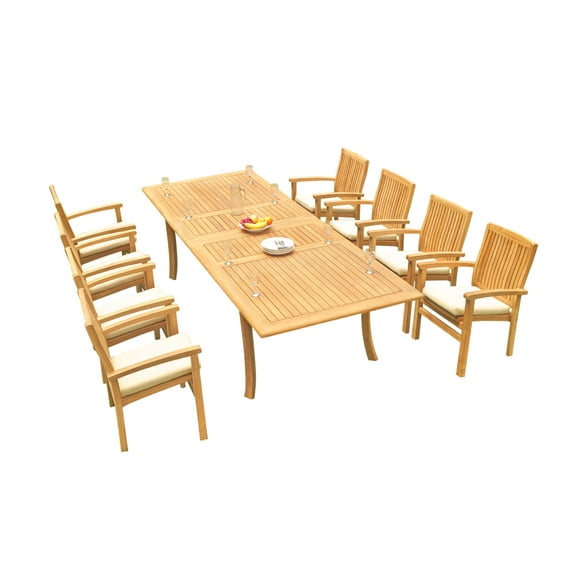 Grade-A Teak Dining Set: 8 Seater 9 Pc: 118" Rectangle Table And 8 Wave Stacking Arm Chairs Outdoor Patio WholesaleTeak #51WV2409
