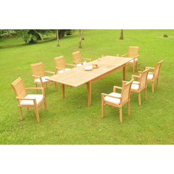 Grade-A Teak Dining Set: 8 Seater 9 Pc: 122" Atnas Double Extension Rectangle Table And 8 Mas Stacking Arm Chairs Outdoor WholesaleTeak #WMDSMS37