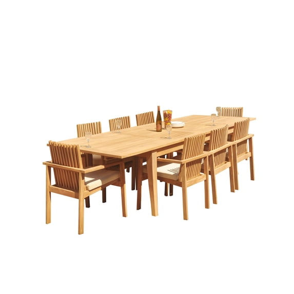 Grade-A Teak Dining Set: 8 Seater 9 Pc: 122" Atnas Rectangle Table And 8 Clipper Stacking Arm Chairs Outdoor Patio WholesaleTeak #51CP2809