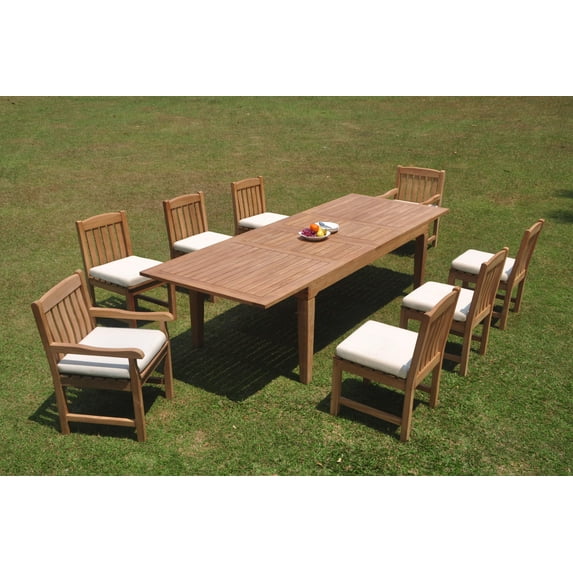 Grade-A Teak Dining Set: 8 Seater 9 Pc: 122" Caranas Double Extension Rectangle Table And 8 Devon Chairs (2 Arm & 6 Armless Chairs) WholesaleTeak #WMDV50