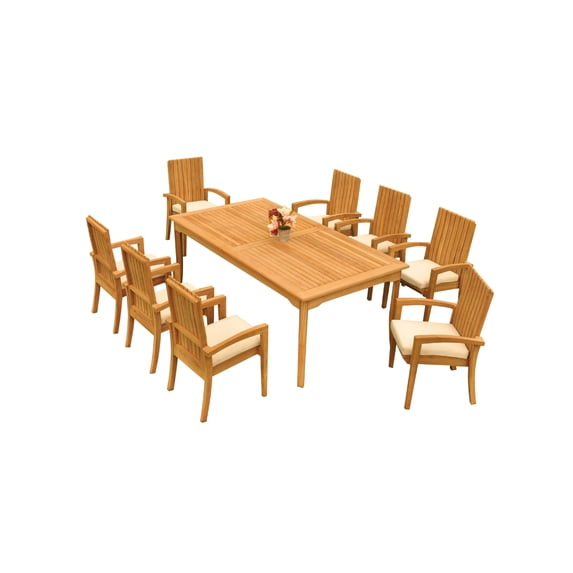 Grade-A Teak Dining Set: 8 Seater 9 Pc: 83" Rectangle Table And 8 Goa Stackng Arm Chairs Outdoor Patio WholesaleTeak #51GO-0109