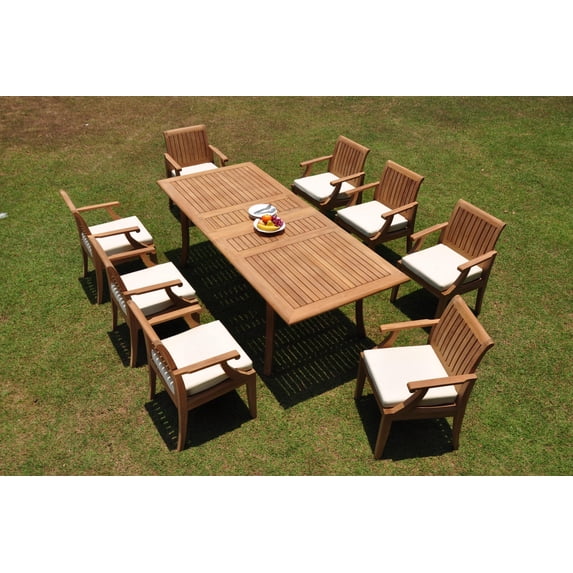 Grade-A Teak Dining Set: 8 Seater 9 Pc: 94" Double Extension Rectangle Table And 8 Lagos Arm Chairs Outdoor Patio WholesaleTeak #WMLGh