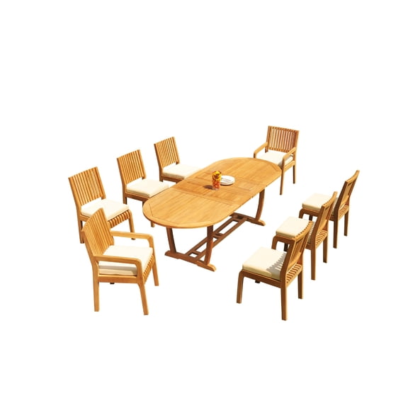 Grade-A Teak Dining Set: 8 Seater 9 Pc: 94" Mas Oval Trestle Leg Table And 8 Maldives Chairs (2 Arm & 6 Armless Chairs) WholesaleTeak #51ML2309
