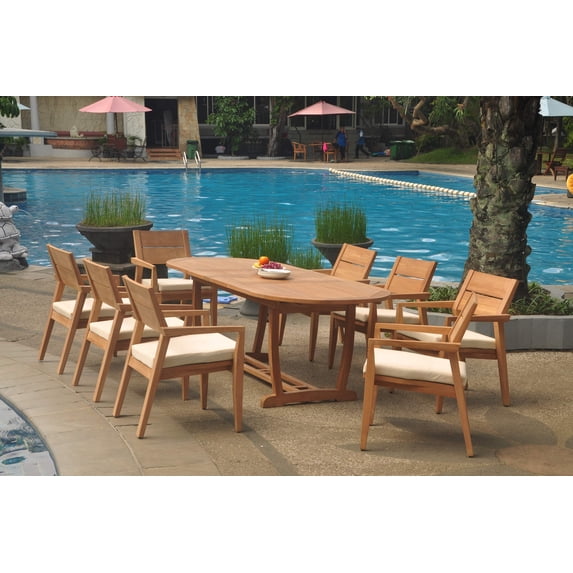 Grade-A Teak Dining Set: 8 Seater 9 Pc: 94" Mas Oval Trestle Leg Table And 8 Vellore Stacking Arm Chairs Outdoor Patio WholesaleTeak #WMDSWVm
