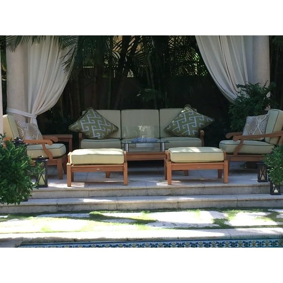 Grade-A Teak Wood Sofa Set: 7Pc 5 Seater: 1 Sofa (3 Seater), 2 Lounge Chairs, 2 Ottoman, Atnas Coffee Table & Side Table -Furniture Only--Sack Collection #WMSSSKb