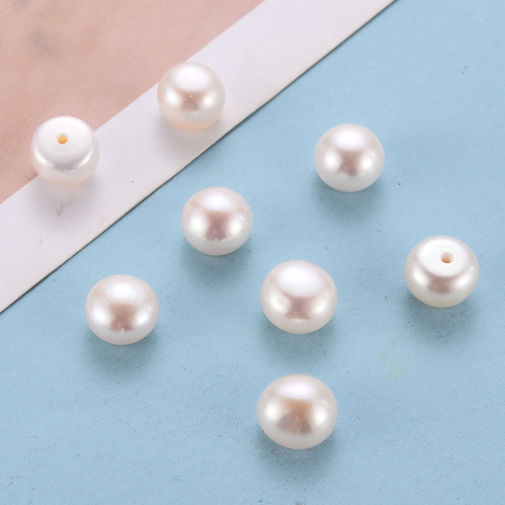 Grade AAA Natural Cultured Freshwater Pearl Beads Half Drilled Flat Round White 8~8.5x6mm Half Hole: 1mm
