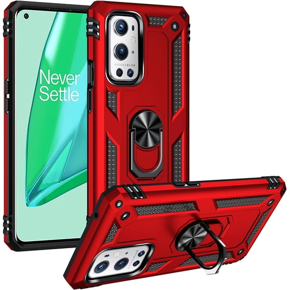 Grade Drop Impact for Oneplus 9 Pro Case Oneplus 9 Pro 5G Case 360 Metal Rotating Ring Kickstand Holder Armor Heavy Duty Shockproof Case for Oneplus 9 Pro Phone Case (Red)