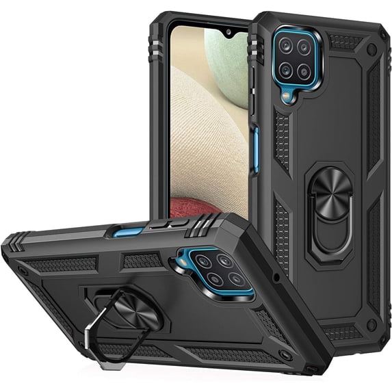 Grade Drop Impact for Samsung Galaxy A12 Case Galaxy A12 5G Case 360 Metal Rotating Ring Kickstand Holder Heavy Duty Shockproof Case for Galaxy A12 5G Phone Case (Black)