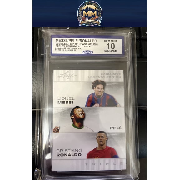 Graded 10 2024 Leaf Exclusive Legends Edition ELE59 Messi Pele Ronaldo Legends Triple Trading Card