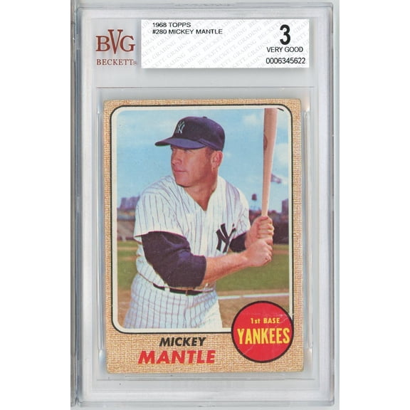 Graded 1968 Topps Mickey Mantle #280 Baseball Card BGS 3 Very Good