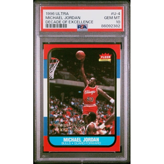Graded 1996 Fleer Ultra Michael Jordan #U4 Decade Of Excellence Rookie Reprint Basketball Card PSA 10 Gem Mint