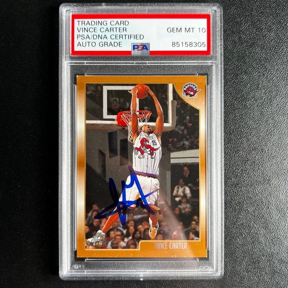 Graded 1997-98 Topps #199 Vince Carter Signed Card PSA Auto 10 Slabbed RC Raptors