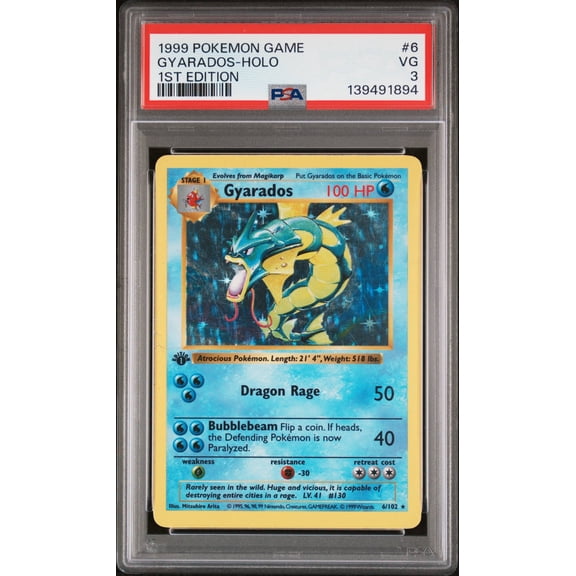 Graded 1999 PSA 3 Base Set Shadowless Gyarados Holo Rare First Edition #006/102 Pokmon Card