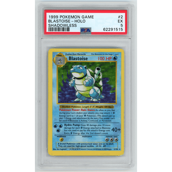 Graded 1999 Pokemon Base Set Blastoise Shadowless Holo PSA 5 #2