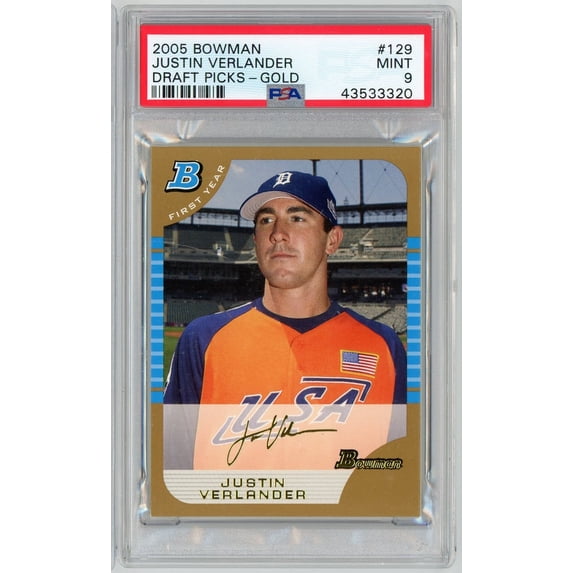 Graded 2005 Bowman Draft Picks Gold Justin Verlander #BDP129 Rookie RC Baseball Card PSA 9 Mint