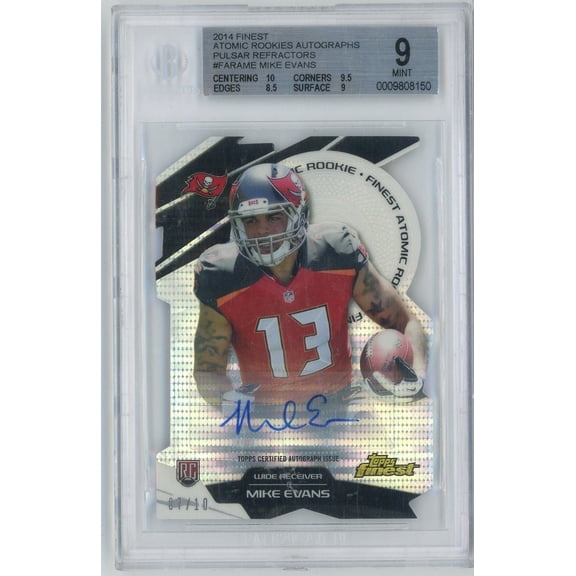 Graded 2014 Topps Finest Mike Evans #FARAME /10 Atomic Rookies Autographs Pulsar Refractors Rookie RC Football Card BGS 9 Auto 10
