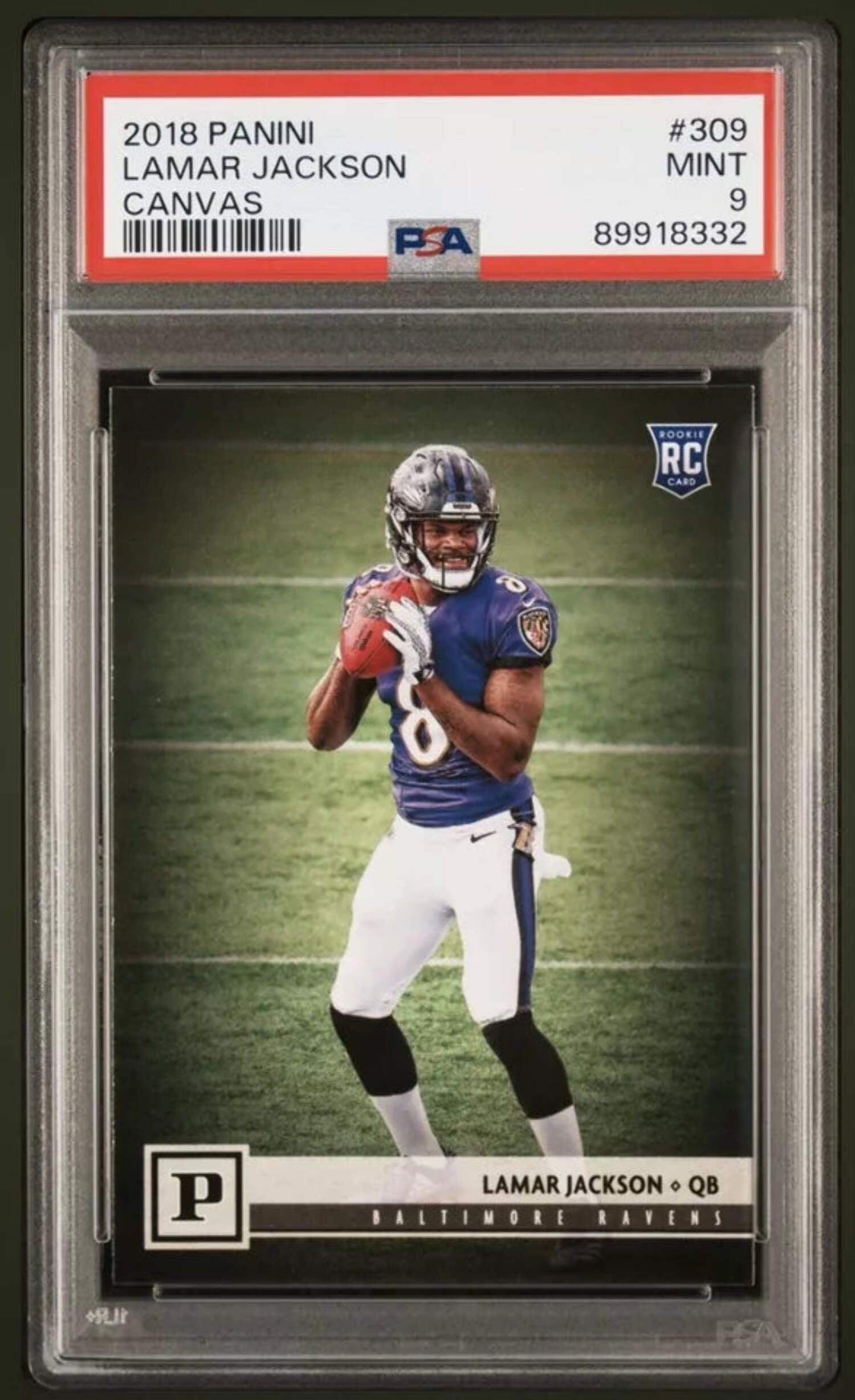 Graded 2018 Panini Lamar Jackson #309 Canvas Rookie RC Football Card PSA 9 Mint