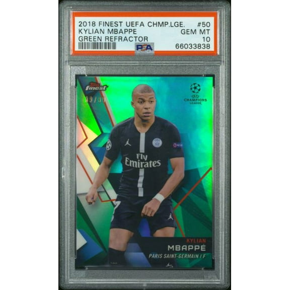 Graded 2018 Topps Finest UCL Kylian Mbappe #50 Green Refractor /99 Soccer Card PSA 10 Gem Mint