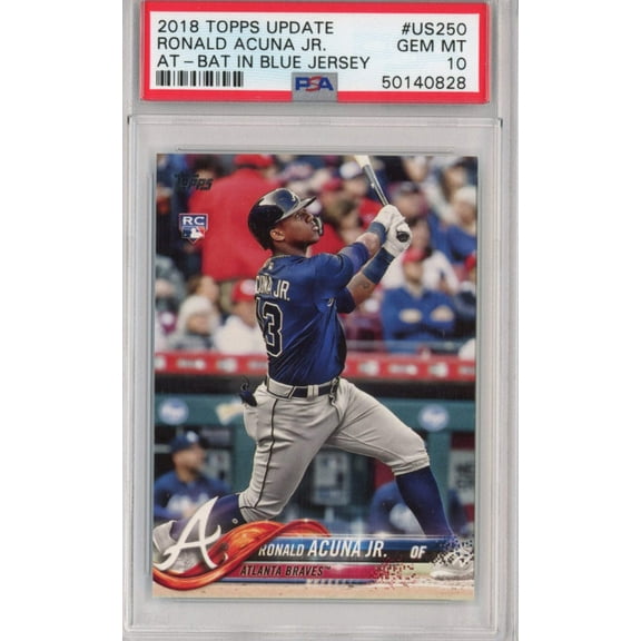 Graded 2018 Topps Update Ronald Acuna Jr. #US250 At-Bat In Blue Jersey Rookie RC Baseball Card PSA 10 Gem Mint