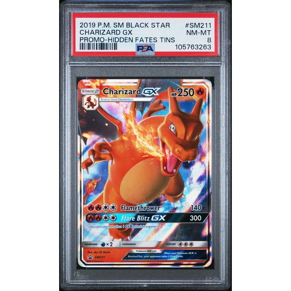 Graded 2019 PSA 8 Pokemon Charizard GX SM211 Black Star Promo Hidden Fates Tins Trading Card