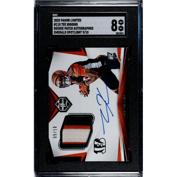 Graded 2020 Panini Limited Tee Higgins #110 Rookie Patch Autograph Emerald Spotlight SGC 8