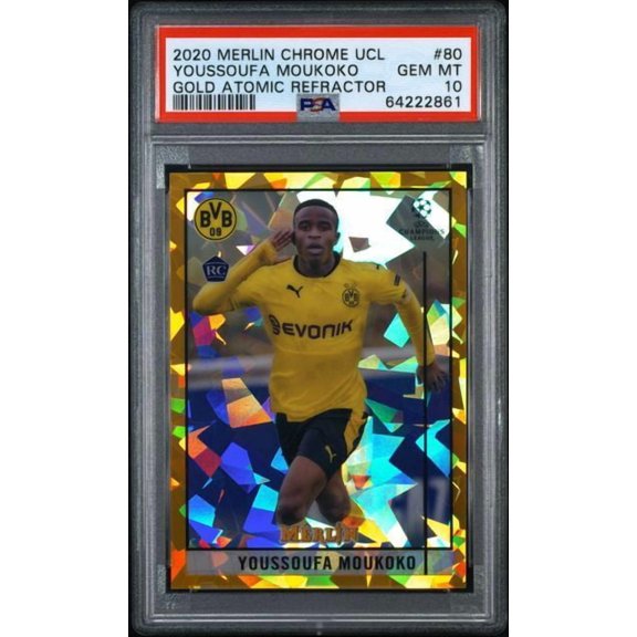Graded 2020 Topps Merlin Chrome UEFA Champions League Youssoufa Moukoko #80 Gold Atomic Refractor PSA 10