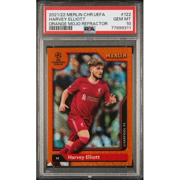 Graded 2021-2022 Topps Merlin Chrome UEFA League Harvey Elliott #122 Orange Mojo Refractor PSA 10