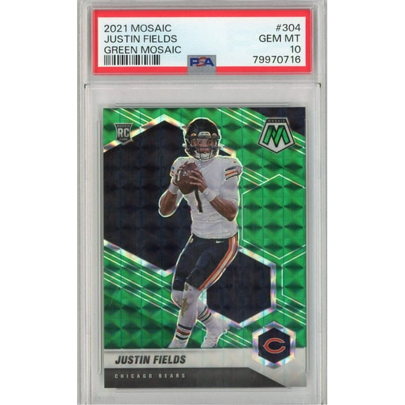 Graded 2021 Panini Mosaic Justin Fields #304 Green Mosaic Rookie RC Football Card PSA 10 Gem Mint