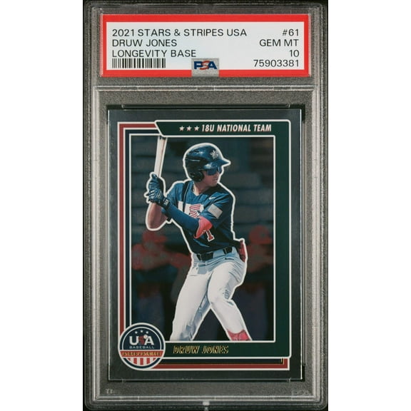 Graded 2021 Panini Stars Stripes USA Druw Jones #61 Longevity Base Rookie RC Baseball Card PSA 10 Gem Mint
