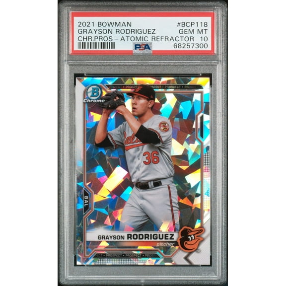 Graded 2021 Topps Bowman Grayson Rodriguez #BCP118 Chrome Prospects Atomic Refractor Rookie RC Baseball Card PSA 10 Gem Mint