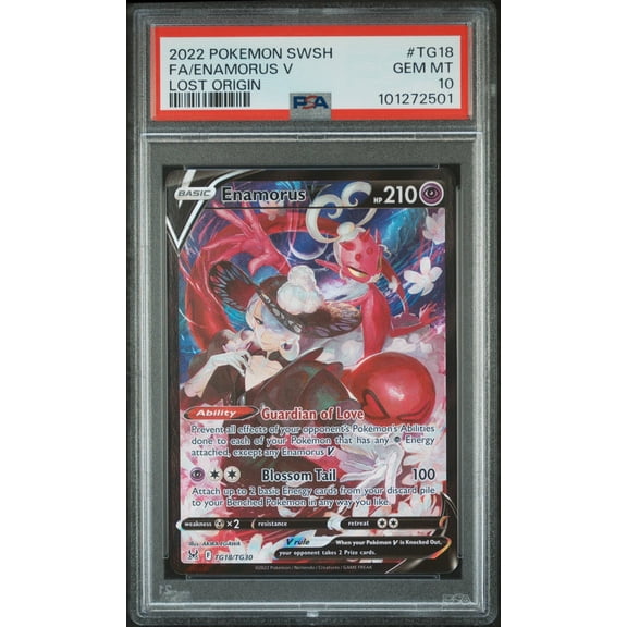 Graded 2022 Pokemon Sword & Shield Lost Origin Enamorus V FA TG18 PSA 10 Trading Card