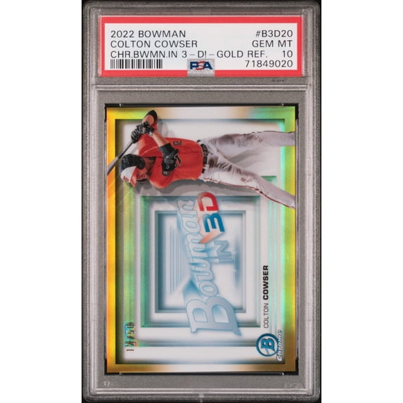 Graded 2022 Topps Bowman Colton Cowser #B3D20 Chrome Bowman In 3D Gold Refractor #/50 Rookie RC Baseball Card PSA 10 Gem Mint