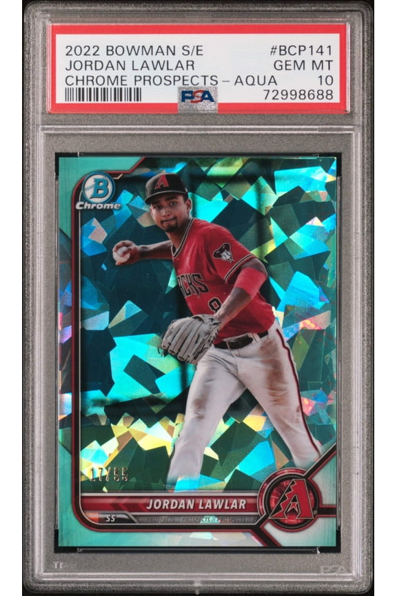 Graded 2022 Topps Bowman Sapphire Edition Jordan Lawler #BCP141 Chrome Prospects Aqua #/55 Rookie RC Baseball Card PSA 10 Gem Mint