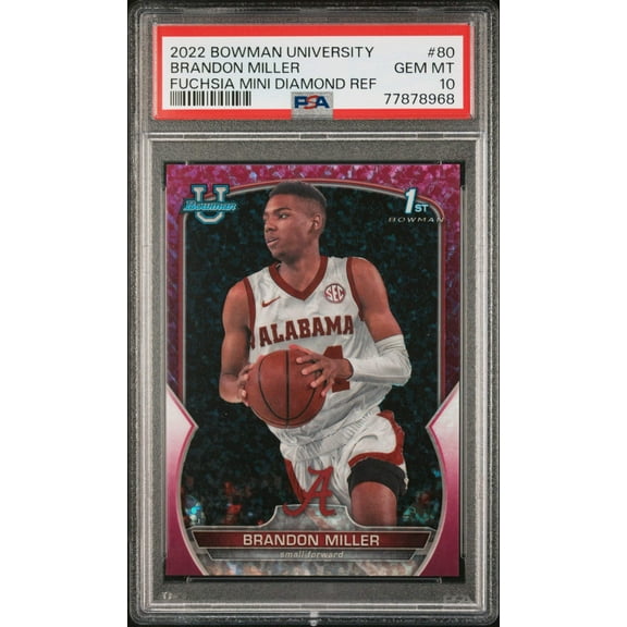 Graded 2022 Topps Bowman University Brandon Miller #80 Fuchsia Mini Diamond Refractor #/150 Rookie RC Basketball Card PSA 10 Gem Mint