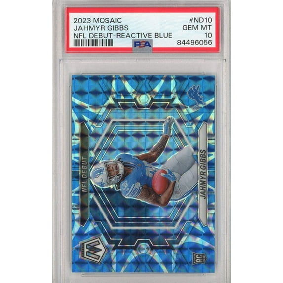 Graded 2023 Mosaic Jahmyr Gibbs #ND10 NFL Debut Reactive Blue Rookie RC Football Card PSA 10 Gem Mint