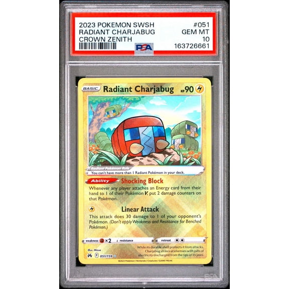 Graded 2023 PSA 10 Radiant Charjabug Crown Zenith 051 Pokemon Sword & Shield Trading Card