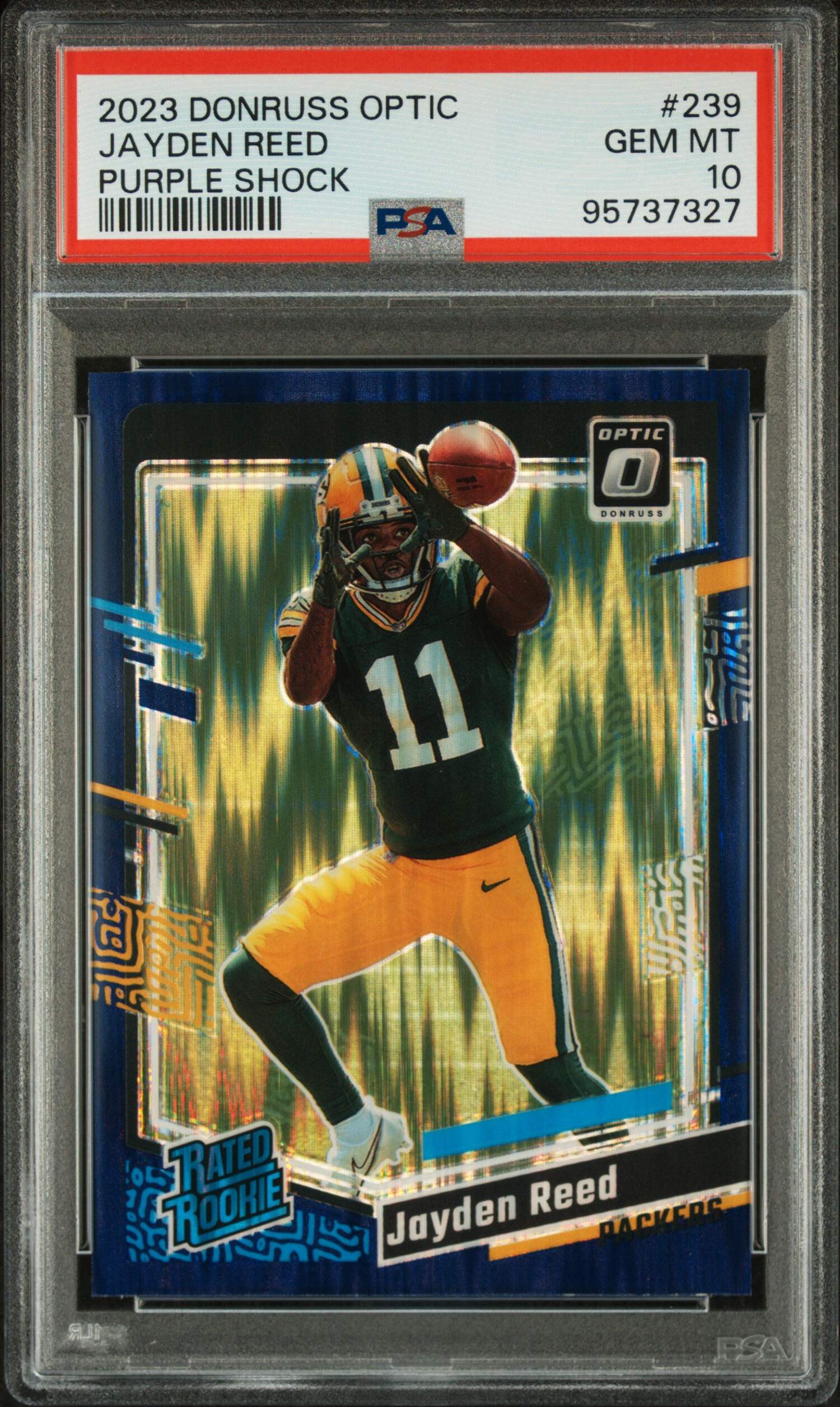 Graded 2023 Panini Donruss Optic Jayden Reed #239 Purple Shock 