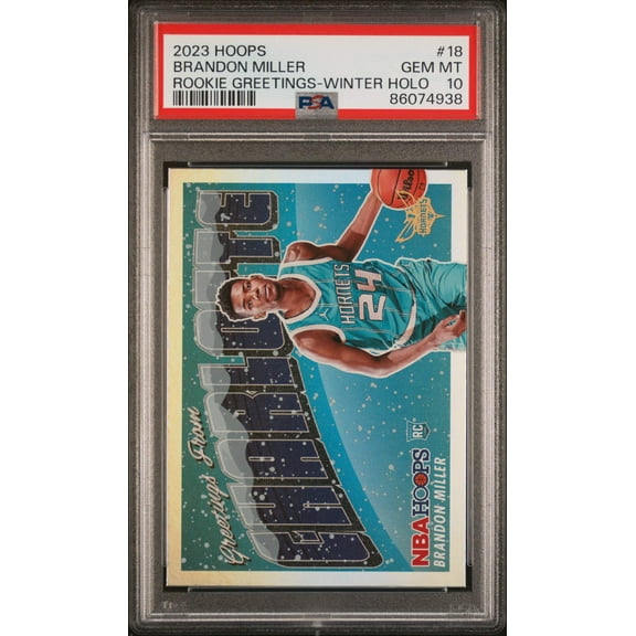 Graded 2023 Panini NBA Hoops Brandon Miller #18 Rookie Greetings Winter Holo Rookie RC Basketball Card PSA 10 Gem Mint