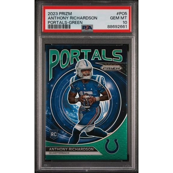 Graded 2023 Panini Prizm Anthony Richardson #PO5 Portals Green Rookie RC Football Card PSA 10 Gem Mint