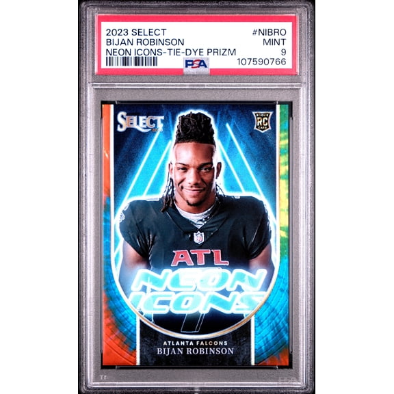 Graded 2023 Panini Select Neon Icons Bijan Robinson #NIBRO Falcons Tie Dye Prizm Trading Card PSA 9