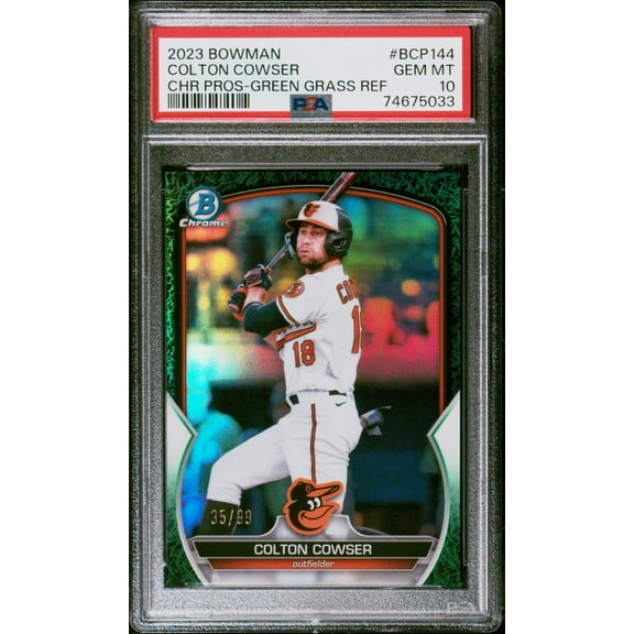 Graded 2023 Topps Bowman Colton Cowser #BCP144 Chrome Prospects Green Grass Refractor #/99 Rookie RC Baseball Card PSA 10 Gem Mint