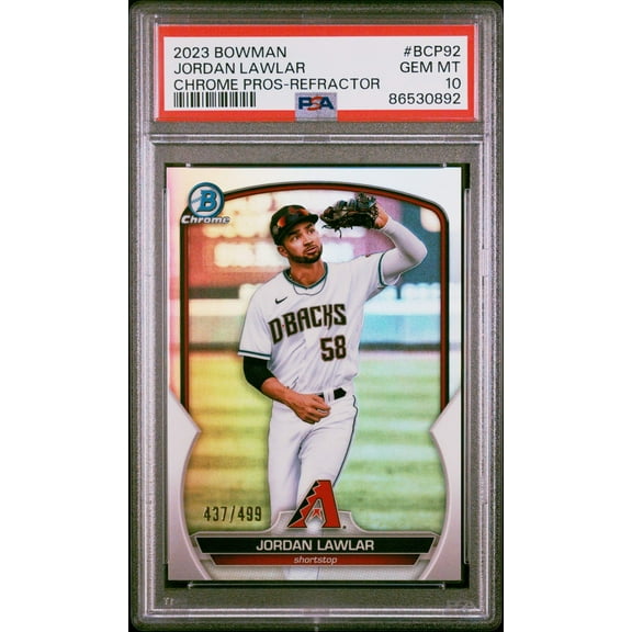 Graded 2023 Topps Bowman Jordan Lawler #BCP92 Chrome Prospects Refractor #/499 Rookie RC Baseball Card PSA 10 Gem Mint