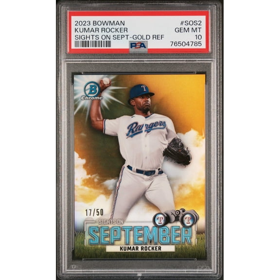 Graded 2023 Topps Bowman Kumar Rocker #SOS2 Sights on September Gold Refractor #/50 Rookie RC Baseball Card PSA 10 Gem Mint