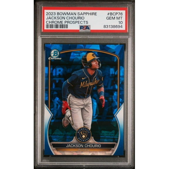 Graded 2023 Topps Bowman Sapphire Jackson Chourio #BCP76 Chrome Prospects Rookie RC Baseball Card PSA 10 Gem Mint