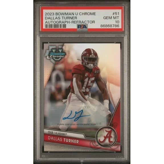 Graded 2023 Topps Bowman U Chrome Dallas Turner #51 Auto Refractor #/499 Rookie RC Football Card PSA 10